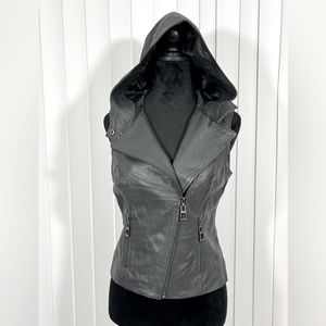 RUNWAY NY Sample Genuine Leather Hooded Vest Moto Jacket Zip Up Lined Black S